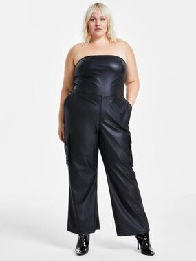 Bar III Women's Plus Size 14W Black Strapless Faux-Leather Jumpsuit NWT